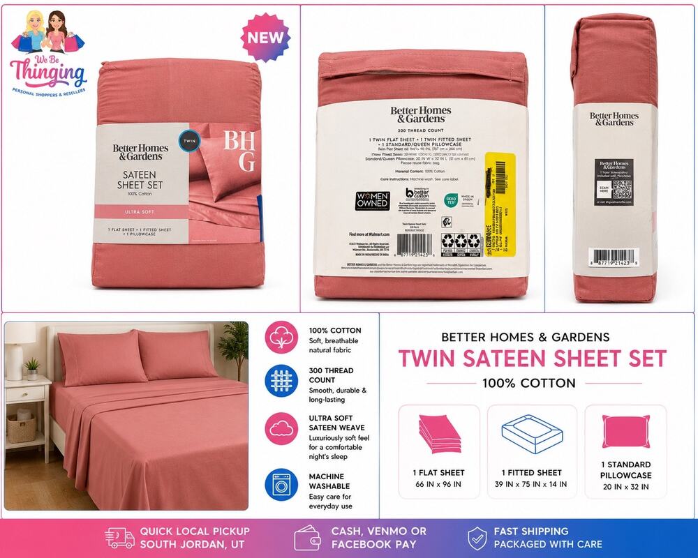 Better Homes & Gardens Twin Sateen Sheet Set 100% Cotton Dusty Rose New